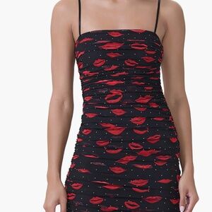 AFRM Midi Dress – Size Large – Black & Red Kisses Print –